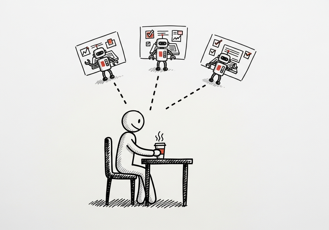 Whiteboard sketch: a central person at a desk with dotted lines extending to three small robot helpers, each facing a separate workspace.